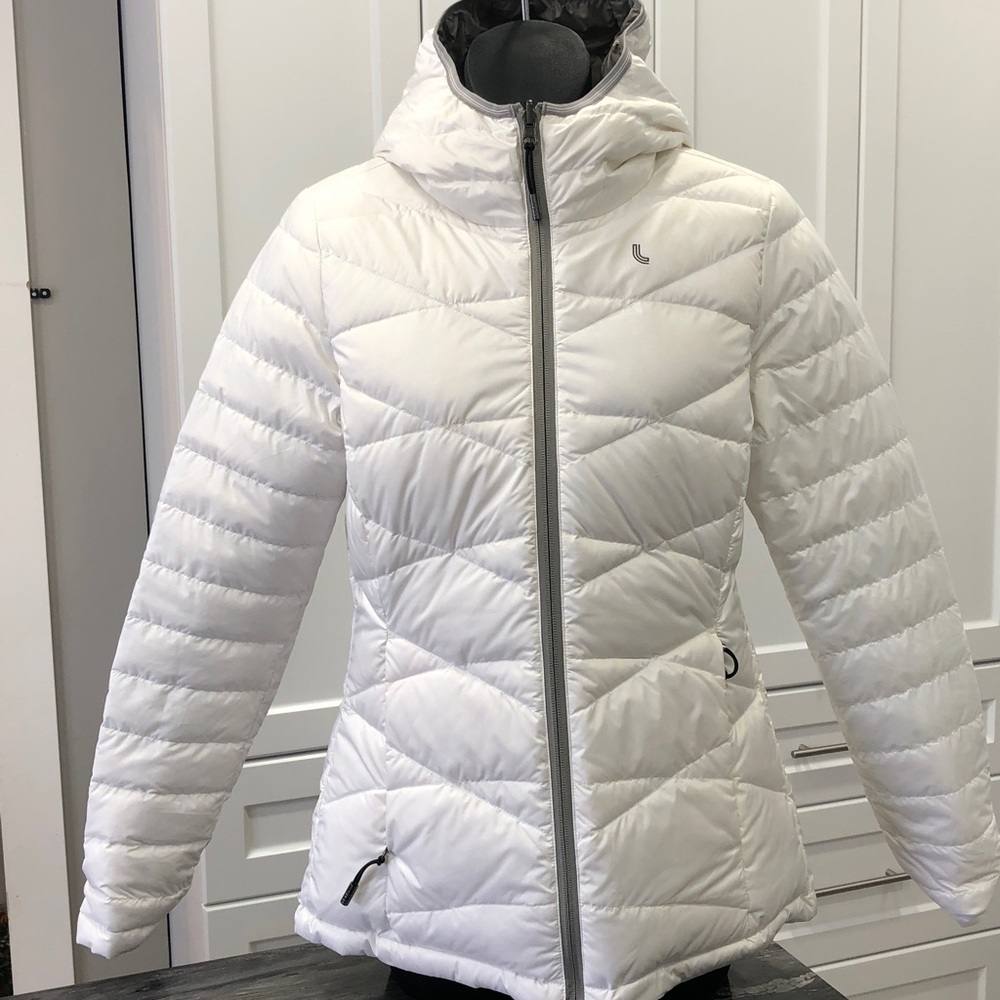 Lolë Reversible Gray/White Down Insulated Puffer Jacket with Hood | Woman's XS
